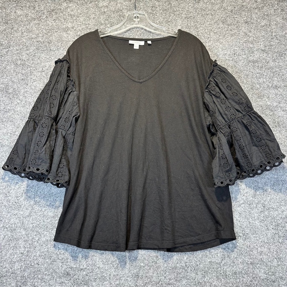 Chico's Eyelet Bell Sleeve Top Women Size XL Black Boho Romantic 570341544